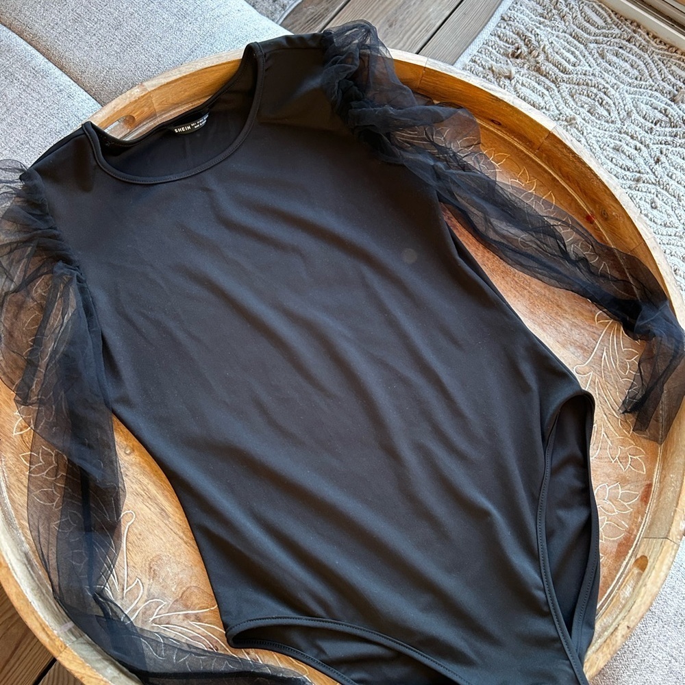 Elegant Black Sheer Sleeve bodysuit from SHEIN size Large - Picture 7 of 8